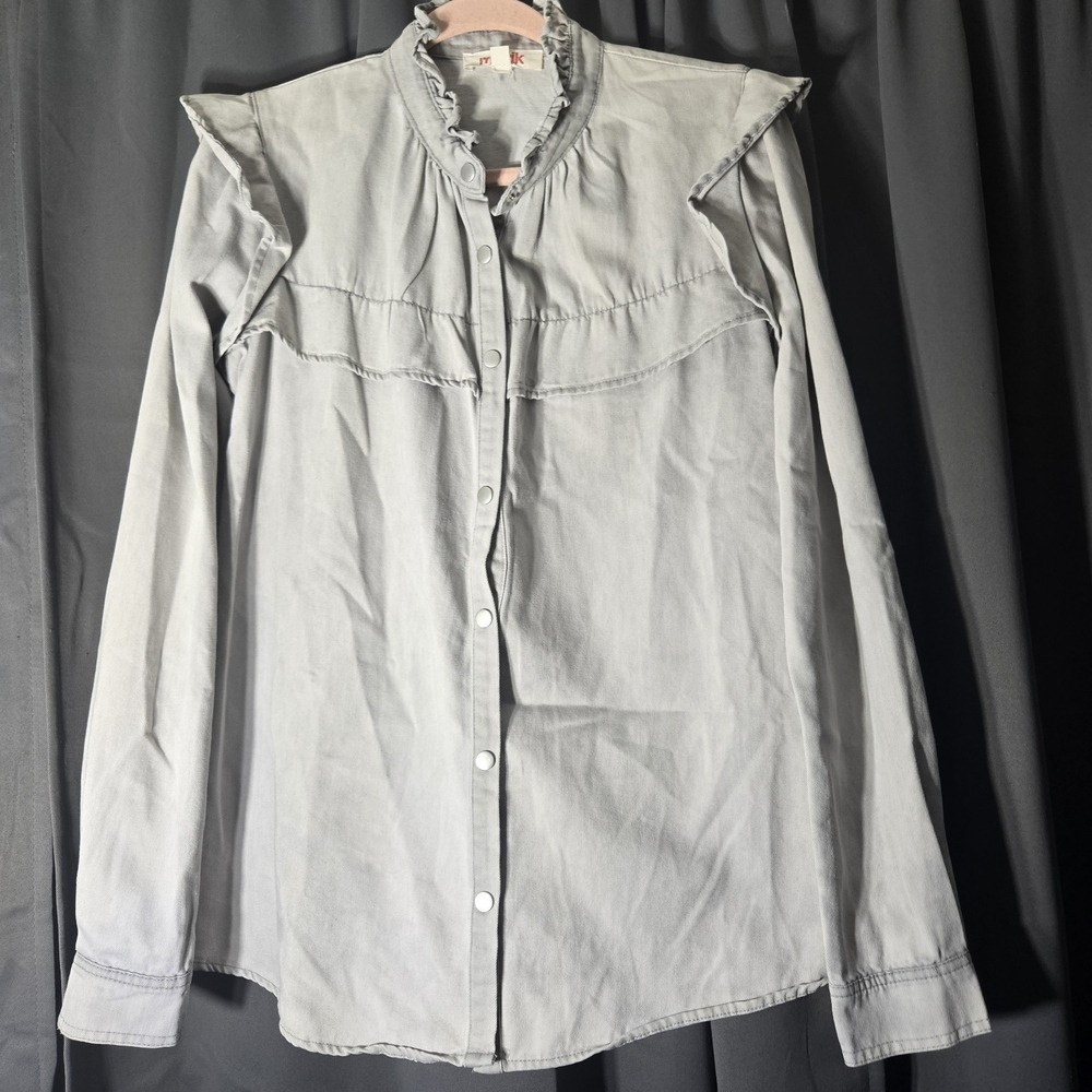 Mazik Ruffle Button-Down Shirt, Light Gray chambray fabric Size Small